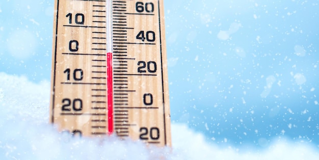 Thermometer in the snow Winter thermometer Low temperatures in celsius or fahrenheit