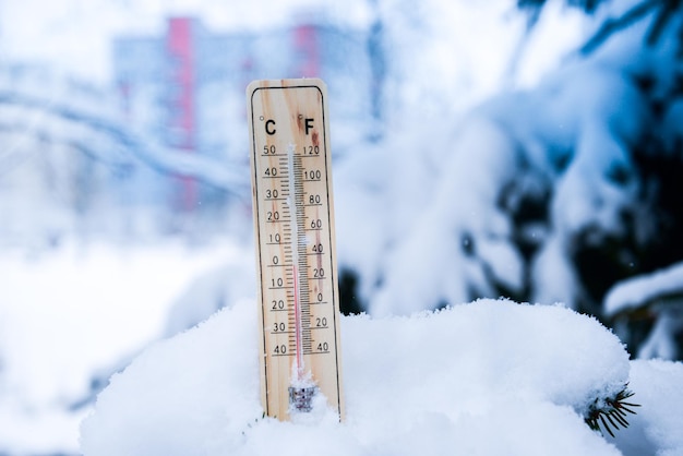 Thermometer on snow with low temperatures in celsius or fahrenheit in winter.