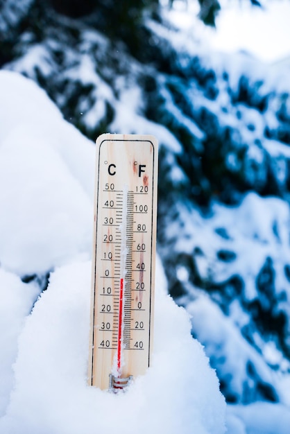 Thermometer on snow with low temperatures in celsius or fahrenheit in winter.