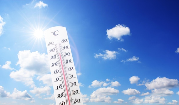 Thermometer with celsius scale showing extreme high temperature