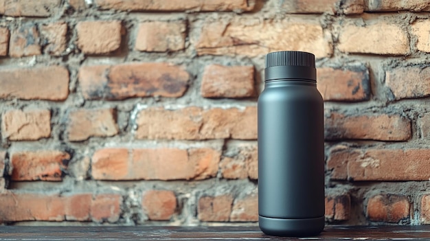 Photo thermos bottle near brick wall background coffee or tea