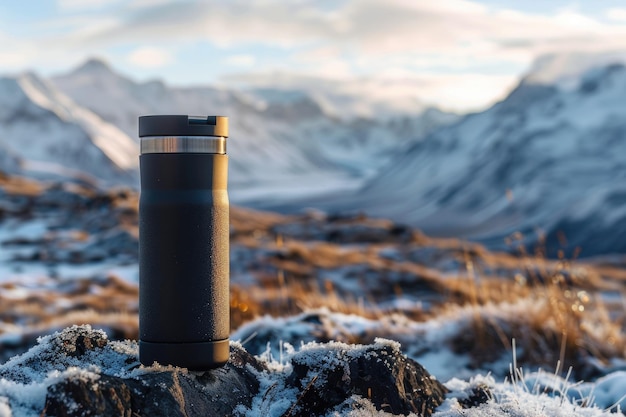 Photo thermos mug thermos mockup on the background of mountains winter travel cold