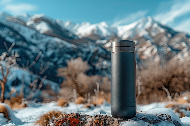 Photo thermos mug thermos mockup on the background of mountains winter travel cold