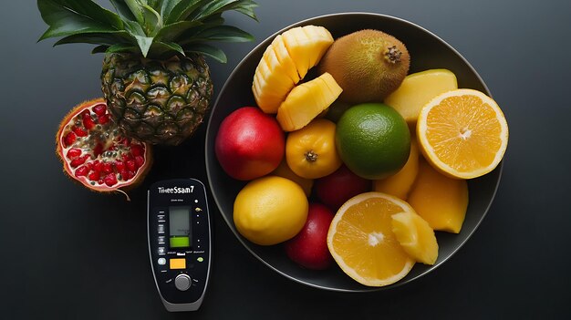 Photo thermoscan 7 digital thermometer beside bowl of tropical fruit representing accuracy exotic