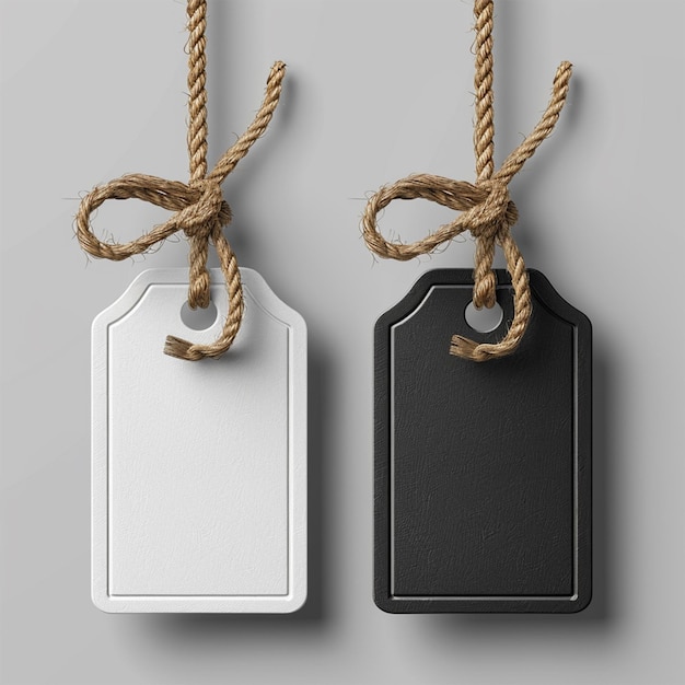 These meticulously designed vector tags feature a white and a black tag with rustic strings