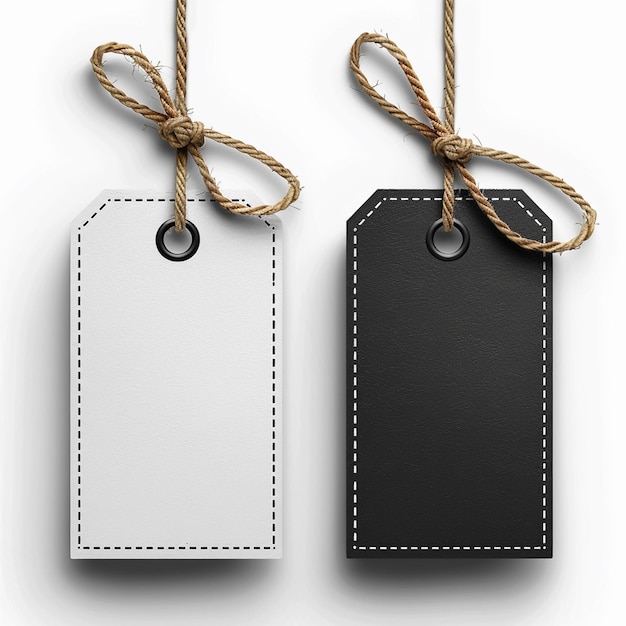 These meticulously designed vector tags feature a white and a black tag with rustic strings