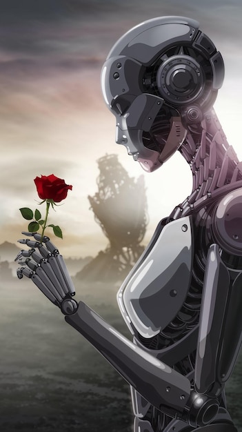 Photo thesilhouette of a gorgeous cyborg woman is taking the last red rose that exists