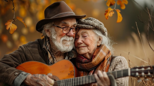 they are both wearing hats and playing guitar together in the woods generative ai