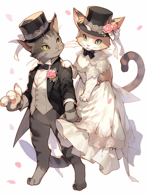 They are dressed up for a wedding with a cat in a top hat generative ai