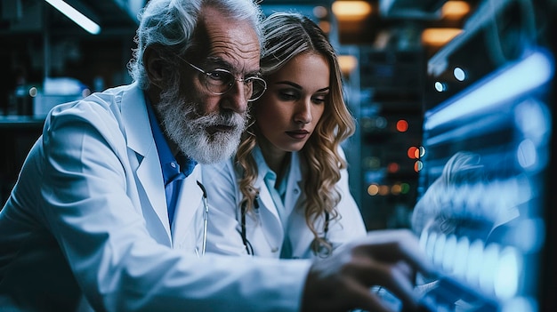 They are looking at a computer screen together in a lab