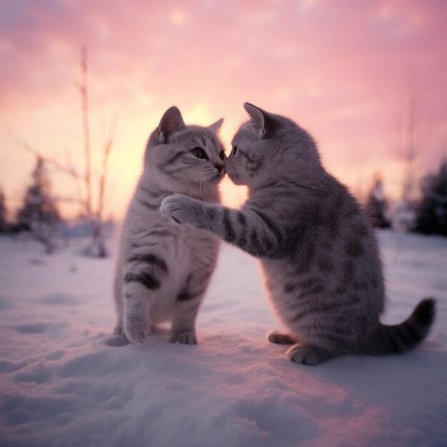 they are two cats playing in the snow with each other generative ai