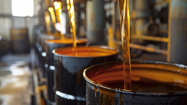 Photo thick ambercolored liquid being poured into a line of black industrial barrels in a welllit