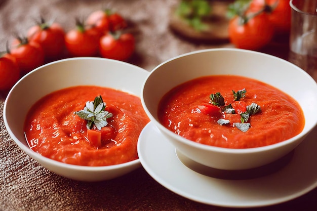 Thick appetizing bright red gazpacho on table with fresh tomatoes