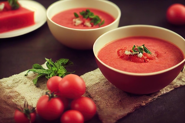 Thick appetizing bright red gazpacho on table with fresh tomatoes