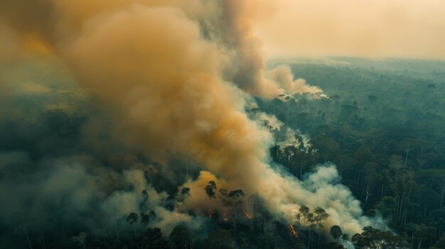 Photo thick billowing smoke rising from a burning wildfire in a dense forest under a hazy sky