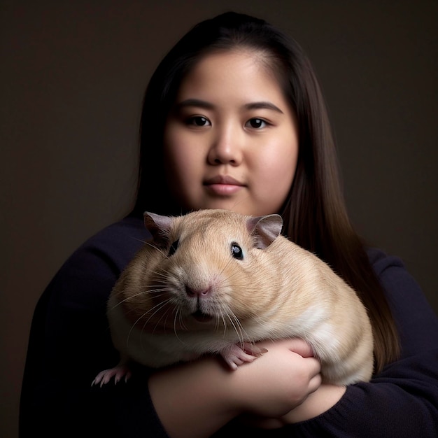 Thick Body Positive woman is gently cradling a rodent in her arms showcasing a tender moment