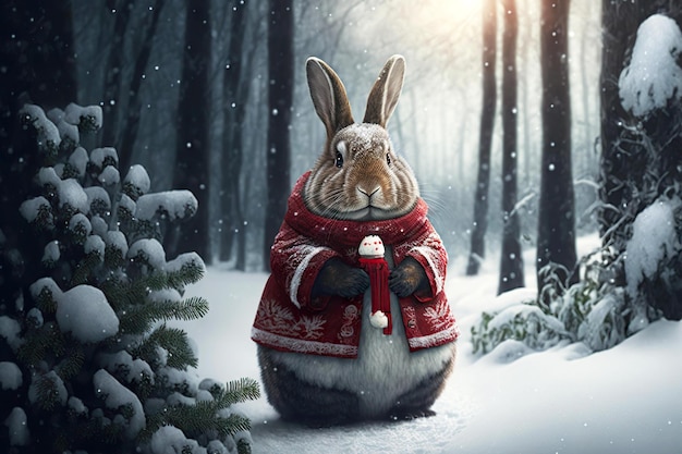 Thick fluffy easter bunny in red coat in winter forest