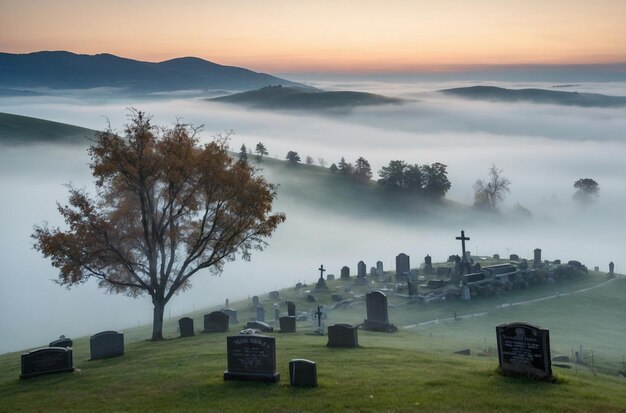 Thick fog covering a cemetery nestled be