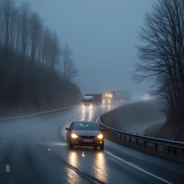 Photo thick fog on the highway in europe on a winter day the danger of driving of vehicles on roads in bad foggy and rainy weather