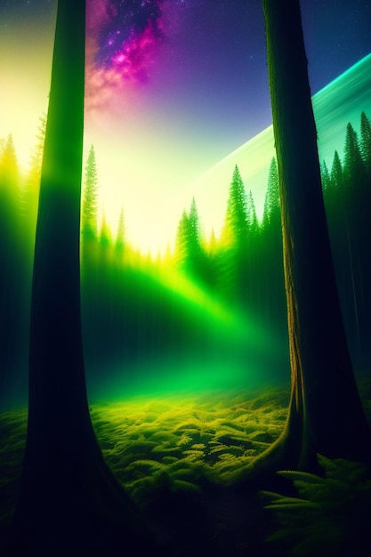 Thick Forest Dark Green background old trees generated Ai