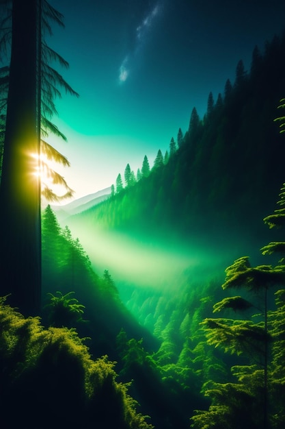 Thick Forest Dark Green background old trees generated Ai