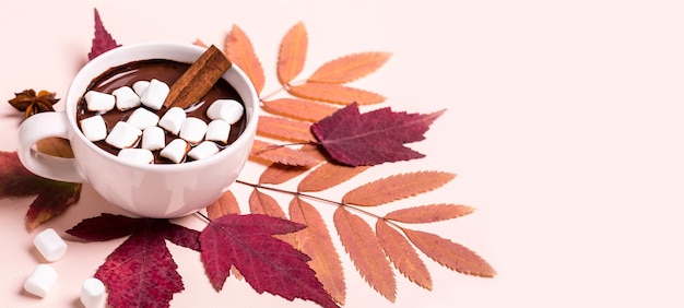 Thick hot chocolate cup with marshmallow on autumn leaves