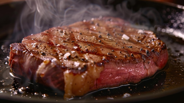 A thick juicy steak searing in a hot pan with steam rising and coarse salt sprinkled on top offering a delectable and mouthwatering presentation