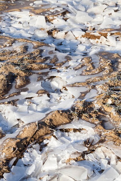 A thick layer of ice formed on the territory of the field after rains and frosts dirty ice in the winter season