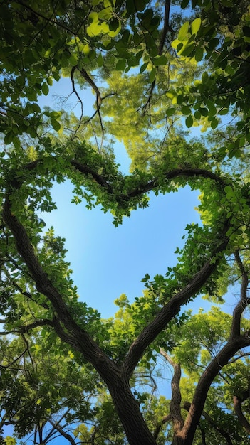 Thick and lush tree branches form a heart shape through which you can see the beautiful blue sky