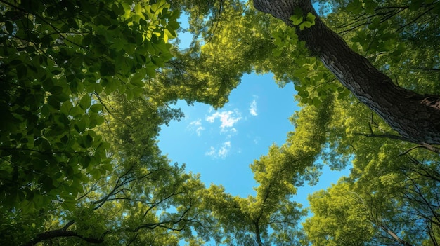 Thick and lush tree branches form a heart shape through which you can see the beautiful blue sky