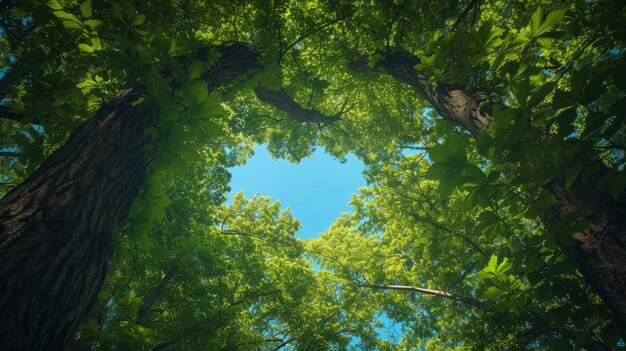 Thick and lush tree branches form a heart shape through which you can see the beautiful blue sky