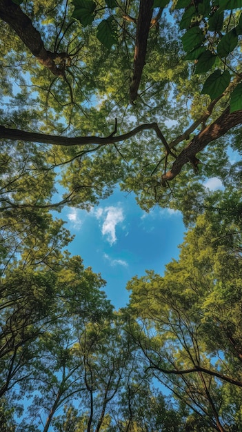 Thick and lush tree branches form a heart shape through which you can see the beautiful blue sky