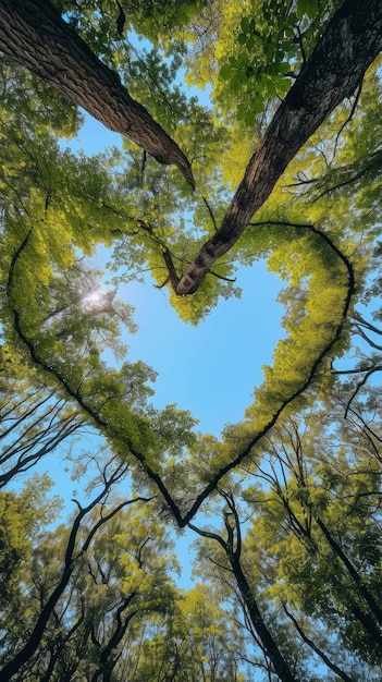 Thick and lush tree branches form a heart shape through which you can see the beautiful blue sky