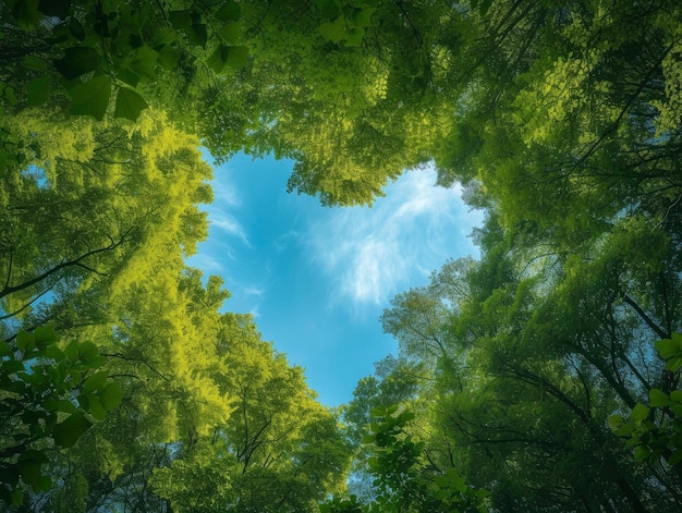 Thick and lush trees form a heart shape through which you can see the beautiful blue sky