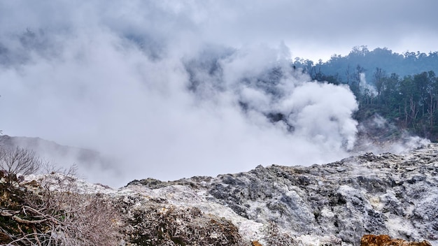 Thick smoke from a crater in the Halimun Salak mountain area in Indonesia