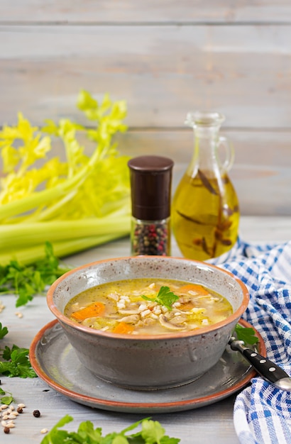 Thick soup with pearl barley, celery, chicken, and mushrooms. Dietary menu