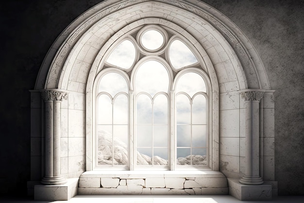 Thick white arched windows made of stone in church