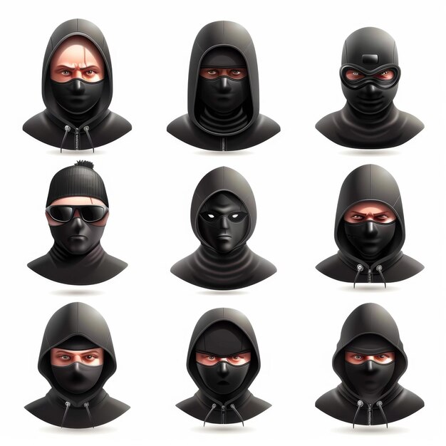 Photo thief icon criminal person sign bandit in mask burglar silhouette killer gangster or robber in balaclava