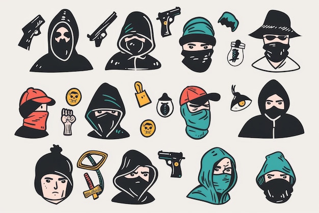 Thief icon criminal person sign bandit in mask burglar silhouette killer gangster or robber in balaclava