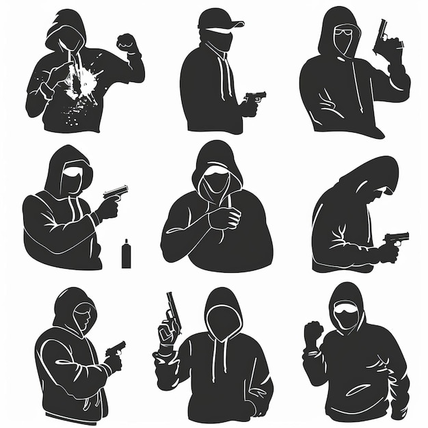 Thief icon criminal person sign bandit in mask burglar silhouette killer gangster or robber in balaclava