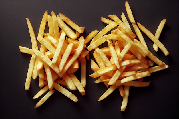 Thin appetizing strips of golden french fries folded into large pile