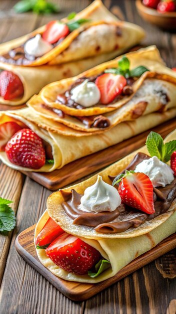 Photo thin crpes with various fillings like nutella strawberries and whipped cream