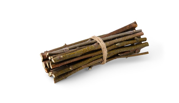 Thin dry birch branches and sticks for lighting a fire are tied with a jute rope in a tight bundle and isolated