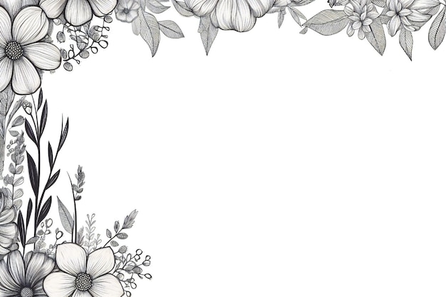 Photo thin line art empty floral border on white background