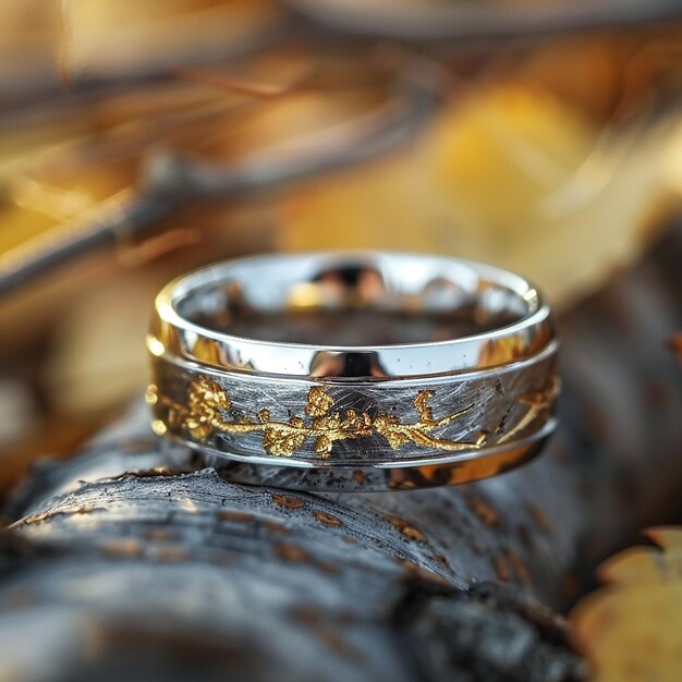 Thin Mens Wedding Band Silver Material with Aspen Tree Texture