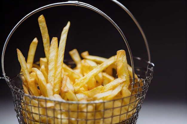 Thin metal baskets with portion of delicious hot french fries