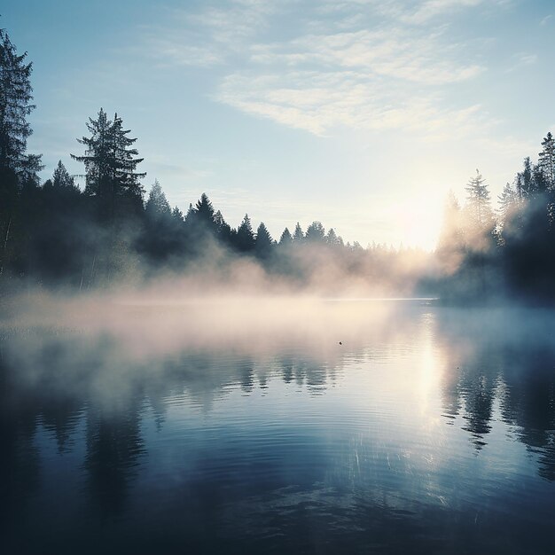 A thin mist rises over the lake as the sun rises in the early morning