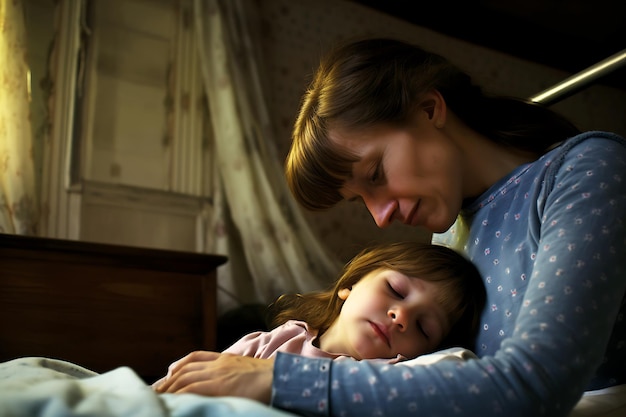 A thin mother hugs her sick sleeping daughter Family with low income Horizontal photo