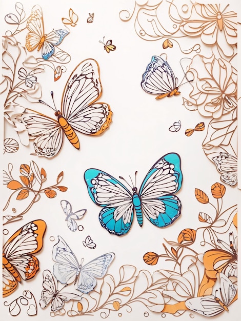 Thin outline art of a cute coloured vector tracing illustrated butterfly pattern