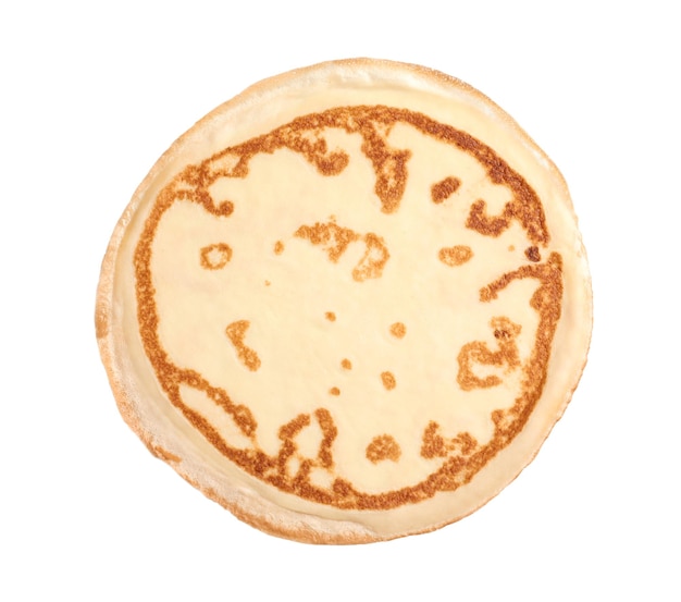 Thin pancake on white background top view